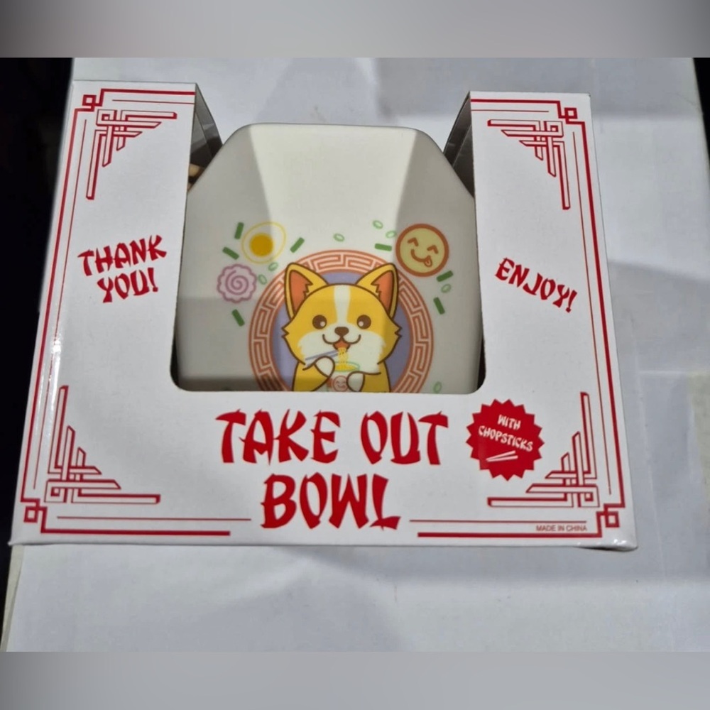 Corgi Chinese take out ramen bowl with chopsticks